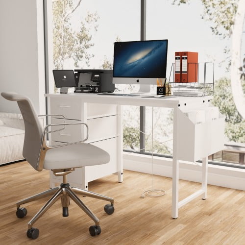 Escritorio con enchufes integrados, 3 cajones y bolsillos laterales, estructura de acero industrial, diseño tipo concha (blanco glaciar)
