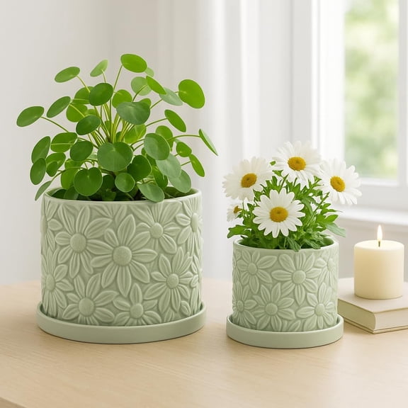 Decorative Daisy Flower Pot Planter for Home Decor - Stylish Indoor and Outdoor Pots for  - Chic Modern  Pots for Living Room, Patio, or  Stand Indoor - Set of 2, 7", 5", Green
