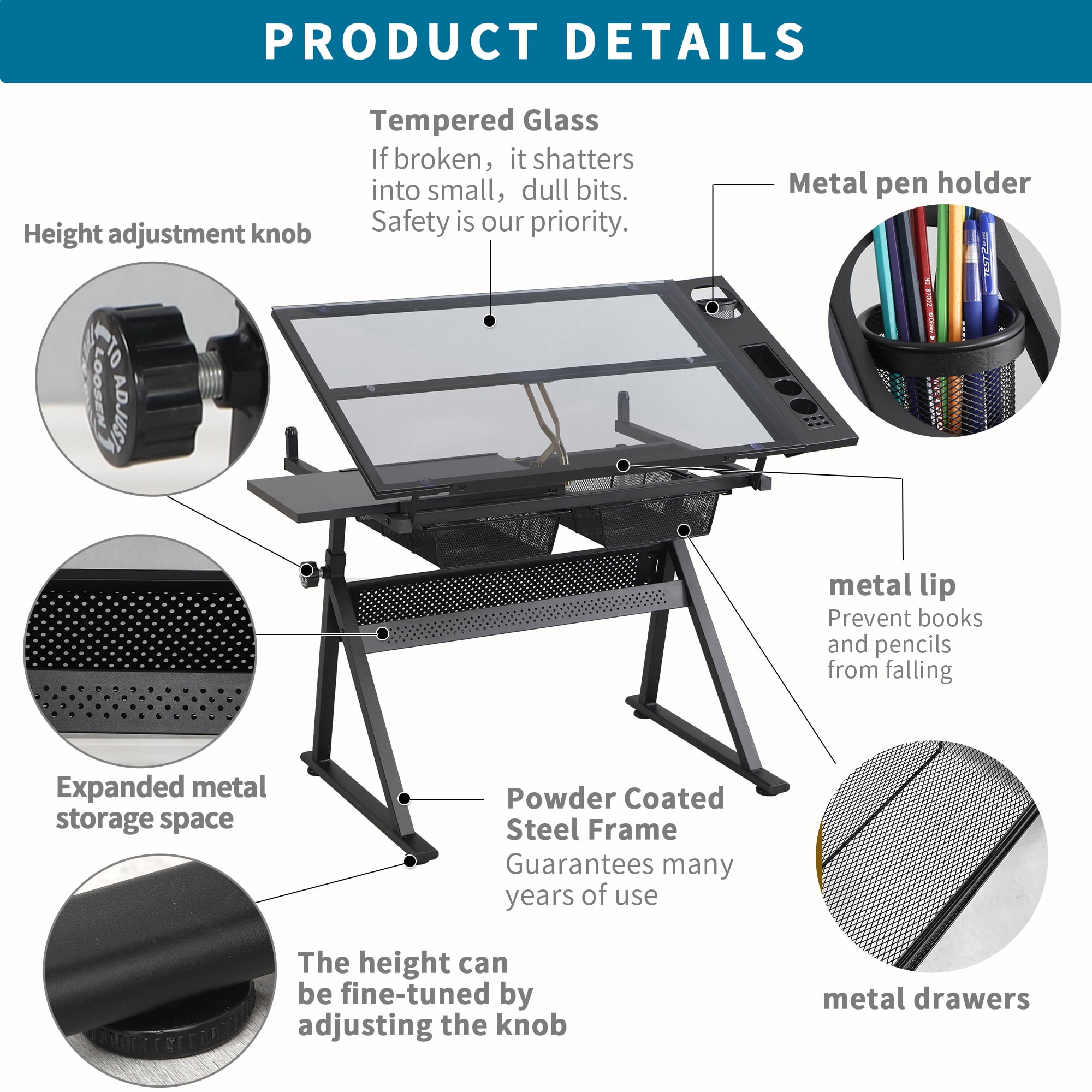 Drafting Table, 0-70° Adjustable Glass Top Artist Table, Height Adjustable Drafting Desk with Large Storage for Painting & Crafting, Ideal for Designers and Art Students (Black)