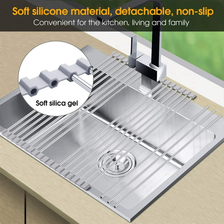 Roll Up Dish Drying Rack Stainless Steel Over the Sink Drainer Kitchen Dish  Rack (17.7''x 13.7'')