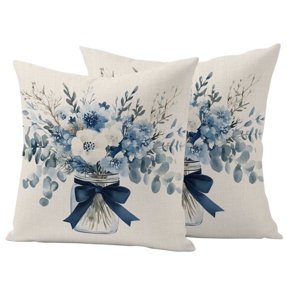 Outdoor Pillow Covers 26x26 Set of 2, Blue Spring Floral Waterproof Patio Throw Pillow Covers for Couch Sofa Chair, Watercolor Summer Flowers Vintage Decorative Pillowcases for Throw Pillows