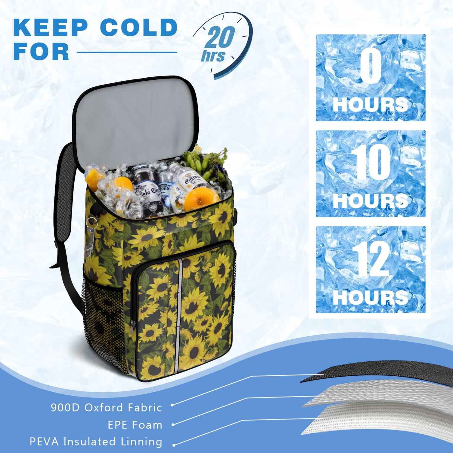 Travel Cooler Bag - Sunflower Camping Beer Cooler Backpack with Bottle Opener- Waterproof Insulated Picnic Backpacks - Cooler Bag for Beach