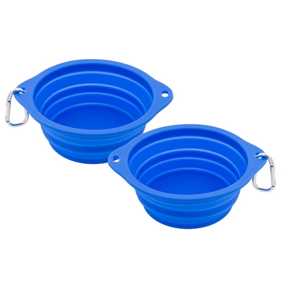 Kewoow Set of 2 Silicone Bowl collapsable Dog & Cat. Foldable with a carabiner/clip, Travel expandable pet dish for water or food, Small-medium-Large sized pets, 28.74 fl oz/ 4 us cup. Blue