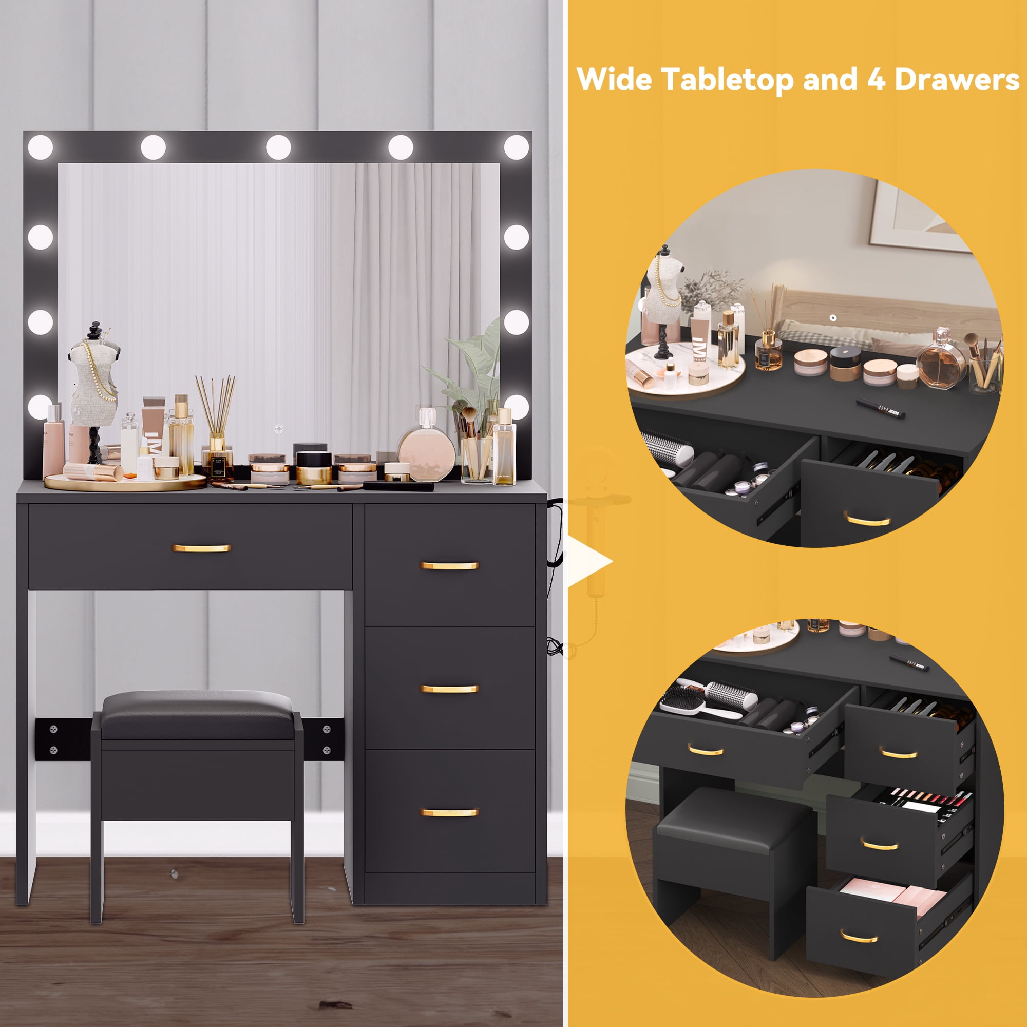 Dextrus Black Makeup Vanity with Built-in Charging Station with Mirror and Storage Shelves