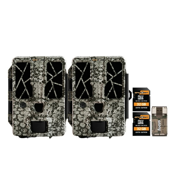 Spypoint FORCE-PRO 30 Megapixel Trail Camera with 4K Mode (2-Pack) Bundle with MicroSD 32GB Ultra High Speed Class 10 Memory Card (2-Pack) and Focus All-In-One High Speed Card Reader (5 Items)