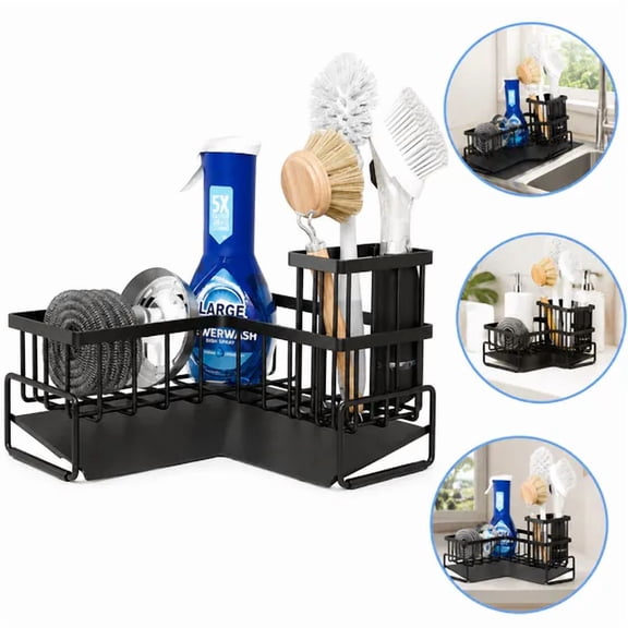 Sponge Holder for Kitchen Sink, Kitchen Sink Organizer, 90‑Degree L‑Shaped Sink Caddy, Sink Organizer Rack for Kitchen, Dish Brush Holder, Self‑Draining Corner Countertop Storage