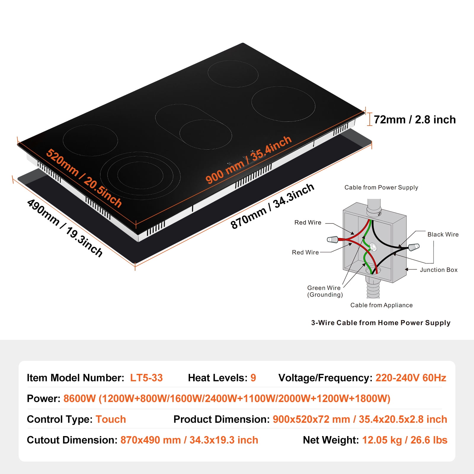 KFFKFF 36-inch Built-in Electric Cooktop with 5 Burners, 8600W Ceramic Radiant Surface, Glass Panel, Touch Controls, Timer, Child Safety Lock, 9 Adjustable Heat Levels, 220-240V Hardwired Connection