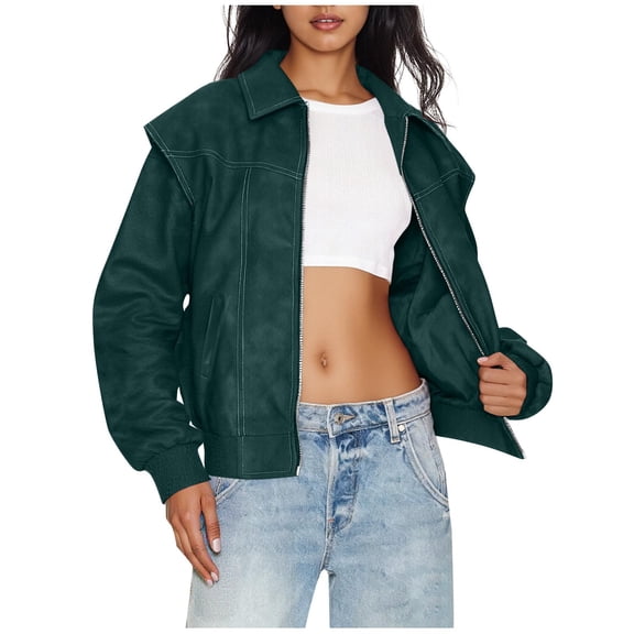 Wowcloth Woman's PU Leather Jacket, Fashionable Loose Fit Solid Color with Pockets and No Hood, Long Sleeve Retro Style Casual Outerwear for Daily Use