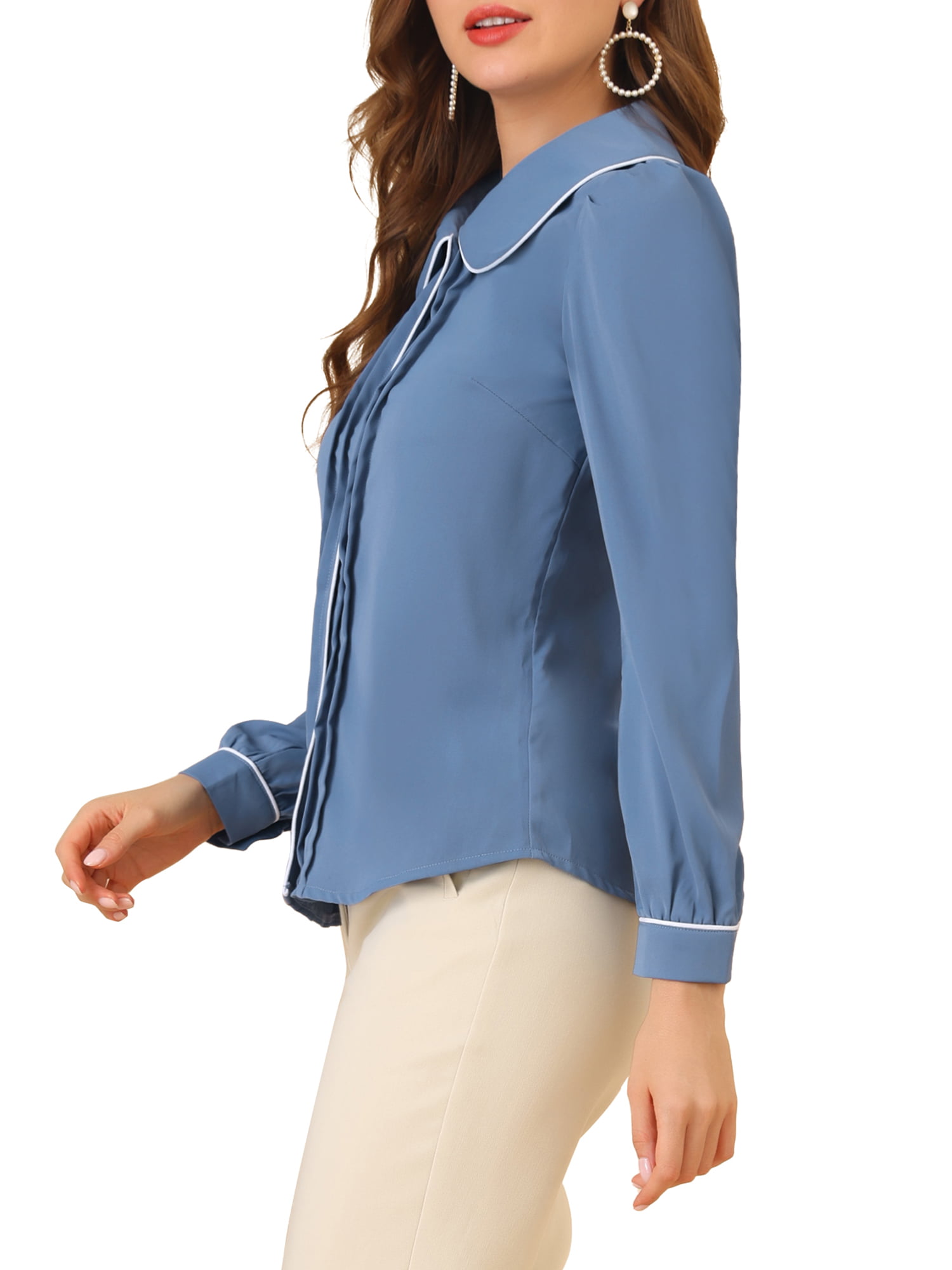 Unique Bargains Women's Peter Pan Collar Shirt Puff Sleeve Work Blouse Tops  L Grey Blue
