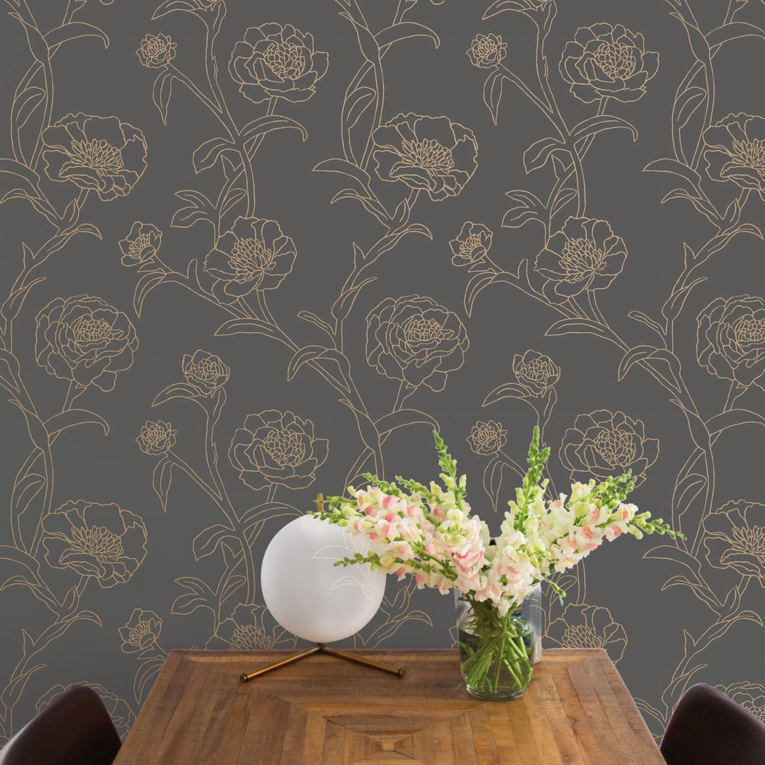Tempaper Peonies Metallic Gold and Noir Floral Peel and Stick Wallpaper, 20.5" x 16.5'