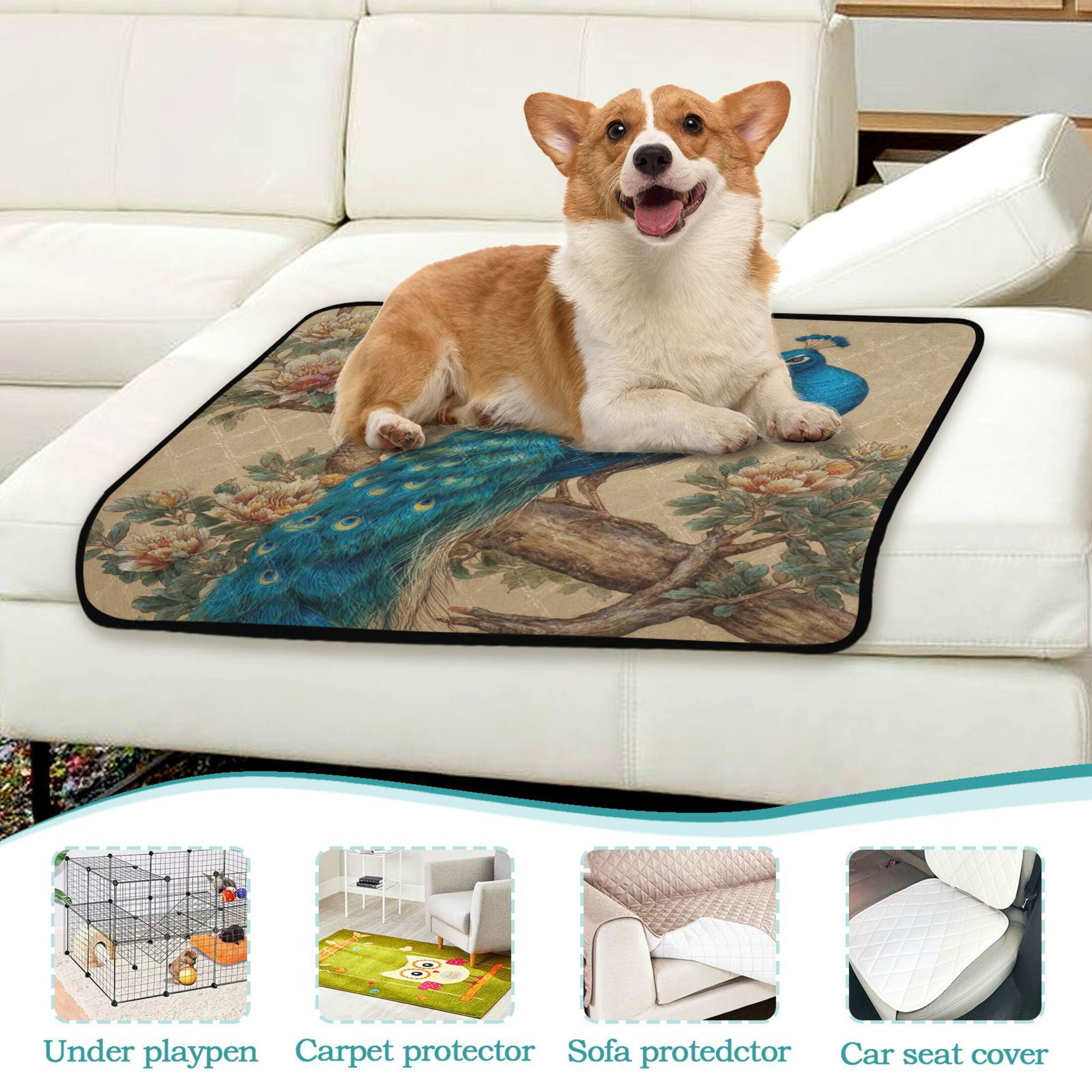 Qxltty Elegent Peacock Cat litter Pads Pet Set of 3 Diaper Mats Center Anti-leakage Layer Absorbent Soft and Comfortable