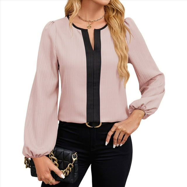 Blusas Elegantes de Larga para Mujer, con Cuello en V y Bloques de Color, para Negocios y Trabajo, Ropa de Moda para Otoño. Rosa XXL