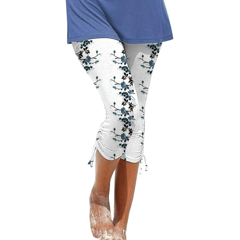 RQYYD Vintage Leggings for Womens Floral Print Capri Slim Legging Yoga Pants  Elastic Compression Drawstring Cropped Pants(2#Blue,XXL) 