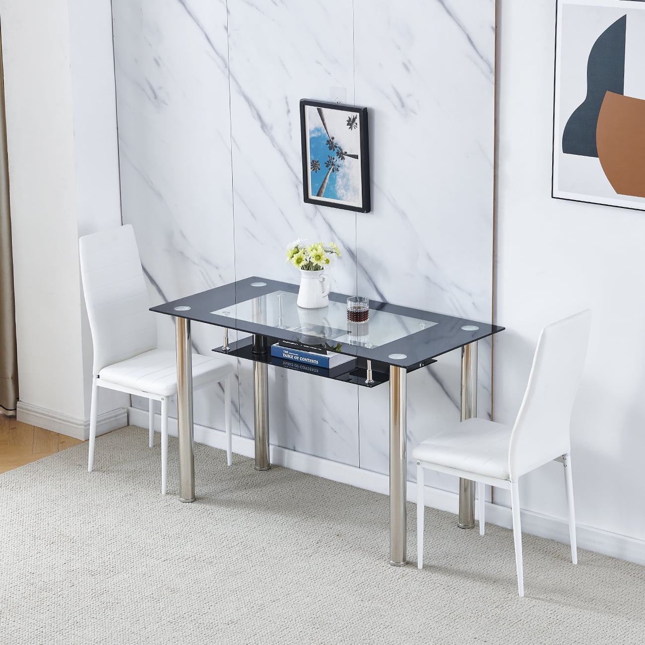 Rectangular Dining Table Chair Set with 2Tier Storage Shelving Space