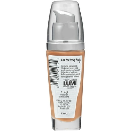 L'Oreal Paris True Match Lumi SPF 20 Liquid Foundation Makeup, N7-8 Classic Tan/Cappuccino, 1 fl oz