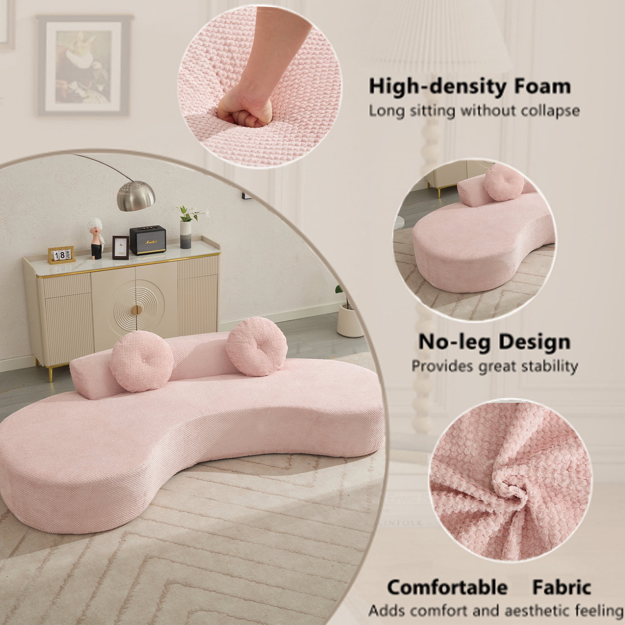 Aukfa 106" Curved Chaise Sofa Deep Seat Sofa for Living Room, 2 Pillows, Corduroy, Pink