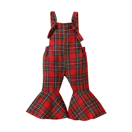 

Wiueurtly Toddler Girls Sleeveless Plaid Prints Romper Bell Bottoms Jumpsuit Clothes Baby Set Girl