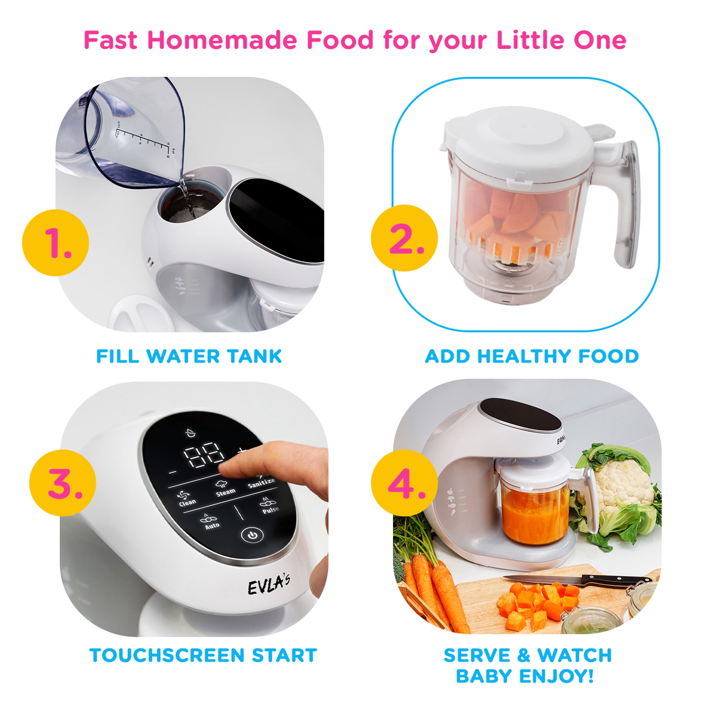 EVLA’s Baby Food Maker with Touch Screen and 6 Reusable Pouches, White