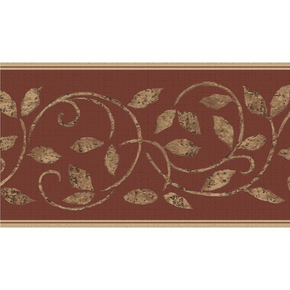 Dundee Deco's Peel and Stick Wallpaper Border - Damask Gold Maroon Vines Wall Border Retro Design, 15 ft x 7 in, Self Adhesive