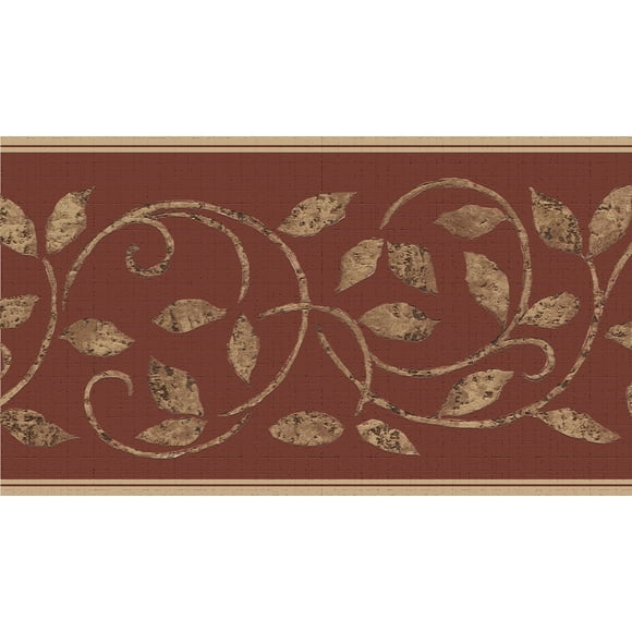 Dundee Deco's Peel and Stick Wallpaper Border - Damask Gold Maroon Vines Wall Border Retro Design, 15 ft x 7 in (4.57m x 17.78cm), Self Adhesive