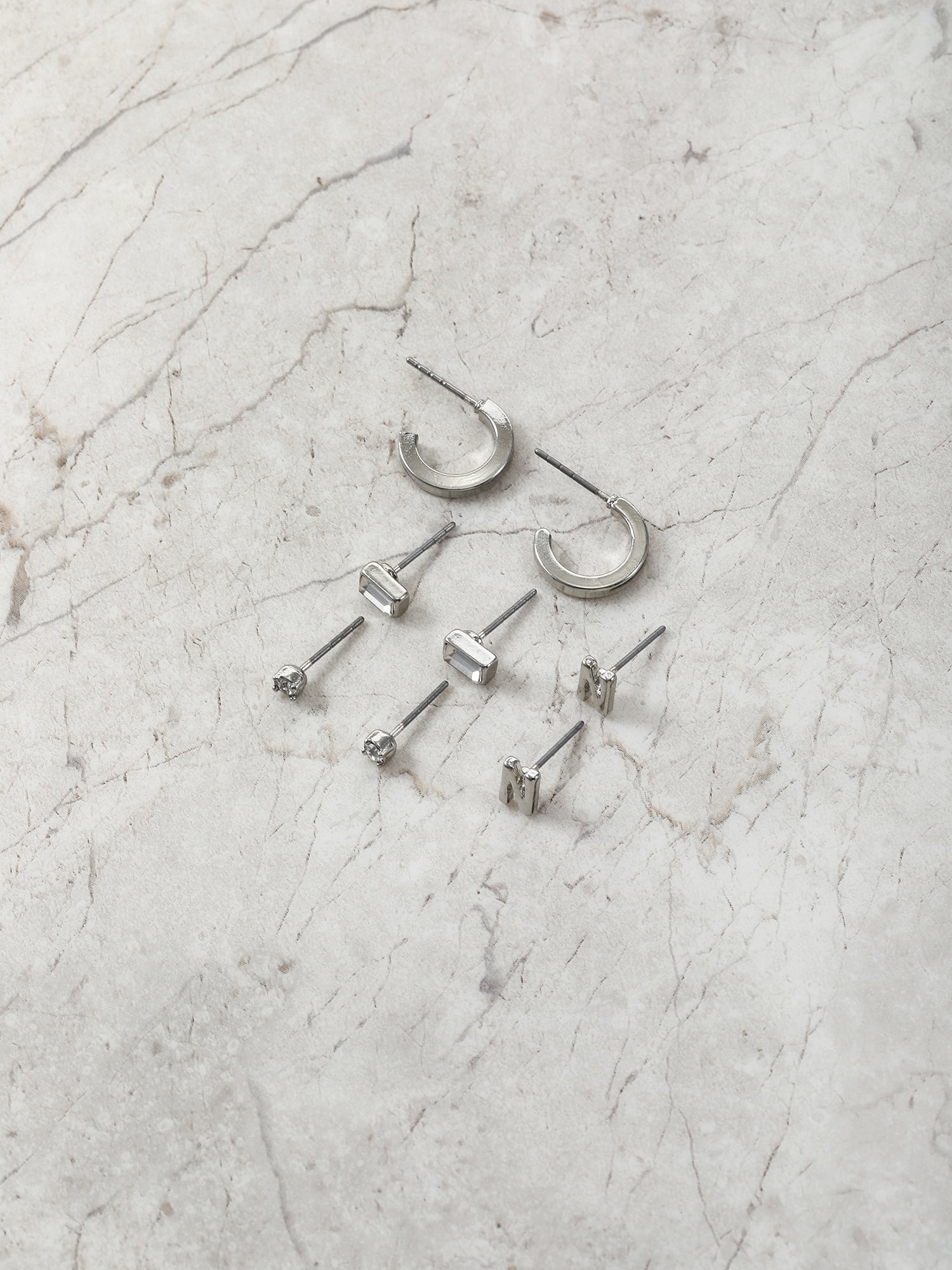 Time and Tru Silvertone Initial Letter Earring Set, 4 pairs, Letter N