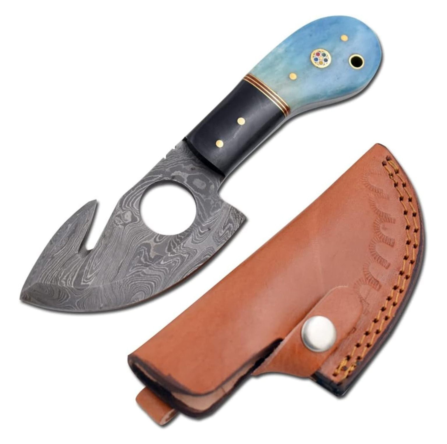 Damascus Steel Color Bone Handle Fixed Blade Full Skinner Knife w/Leather Sheath Hunting Camping Fishing Outdoor (Blue)