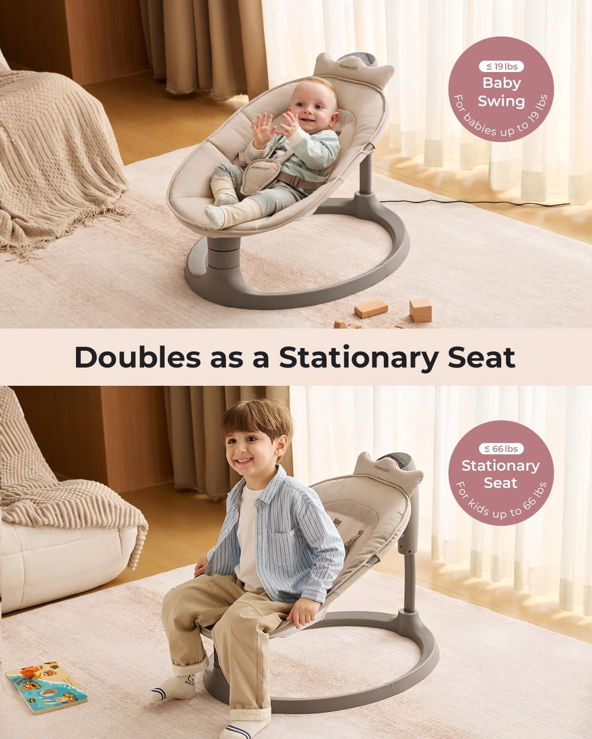 Momcozy 2-in-1 Electric Baby Swing, Dual-Arm Support System & Parent-Inspired Motions, Convertible to Toddler Seat up to 66 lbs, Adjustable Height, Lightweight