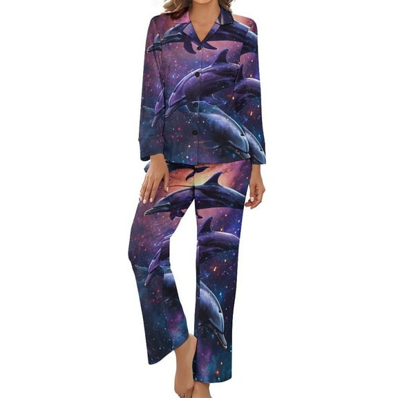 PoBuds Women's Long Sleeve Flannel Pajama Set Sleepwear Dolphins Galaxy S