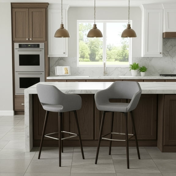 Set of 2 Adel Modern Gray Fabric Bar Stool with Beech Legs