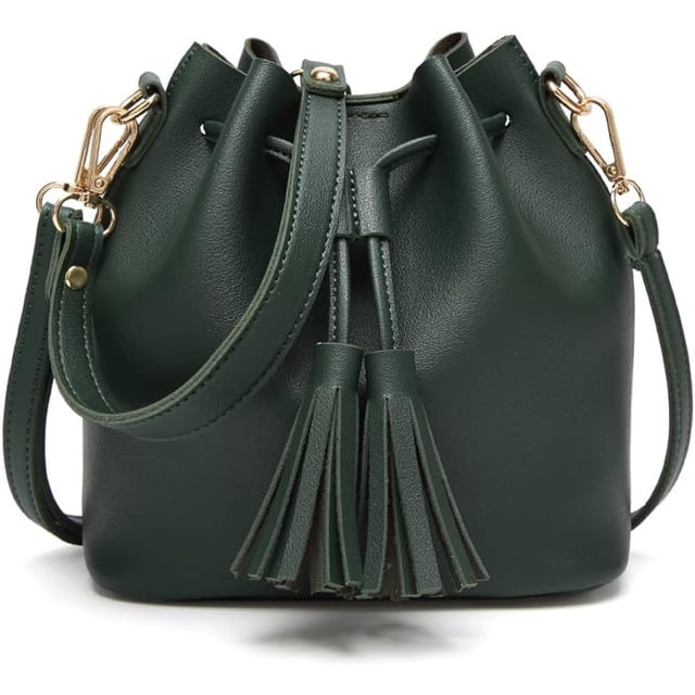 LHSHIDU Womens Mini Bucket Bag Leather Drawstring Handbag Tassel Shoulder Purse Retro Crossbody Wallet with Adjustable Straps