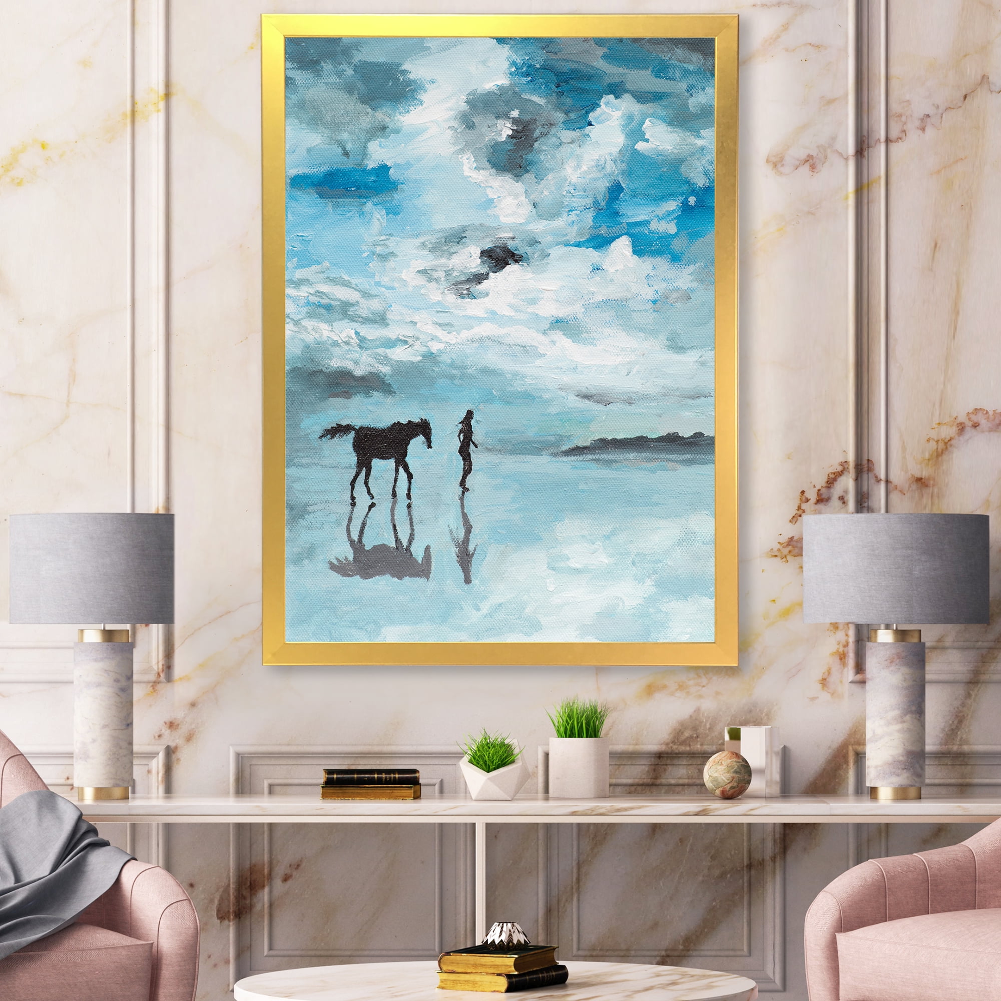 Designart 'Peaceful Scene Of Horse and Man Running By The Water' Farmhouse Framed Art Print