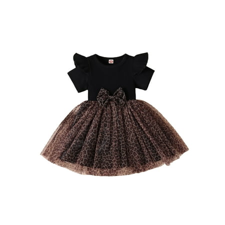 

Qtinghua Toddler Baby Girls Dress Summer Ruffle Sleeve Leopard Print Mesh Bowknot Patchwork Princess Dresses Black 18-24 Months