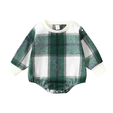 

Blotona Newborn Baby Ireland day Romper Casual Long Sleeve Round Neck Plaid Print Infant St. Patrick s Day Bodysuit