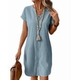 thumbnail image 3 of Women Linen Dress Spring Summer Casual Cap Sleeve V Neck Midi Button Down Shirt Dresses Lake Blue S, 3 of 7