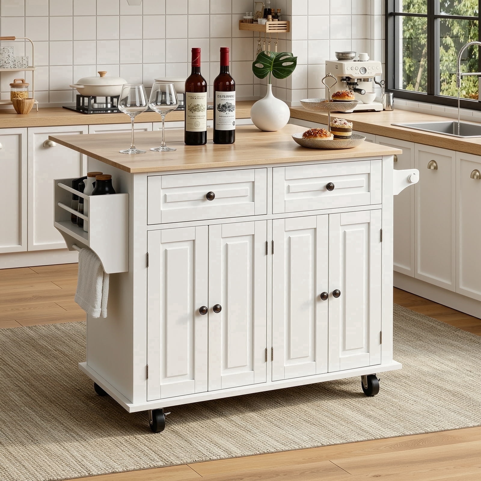 RichYa Kitchen Island with Storage and Drop Leaf, Kitchen Islands Cart on Wheels, Microwave Table with Rubber Wood Top, Drawers and Spice & Towel Rack