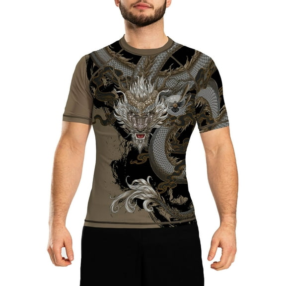 Raven Fightwear Men's Year of the Dragon Rash Guard Short Sleeve BJJ MMA Brown
