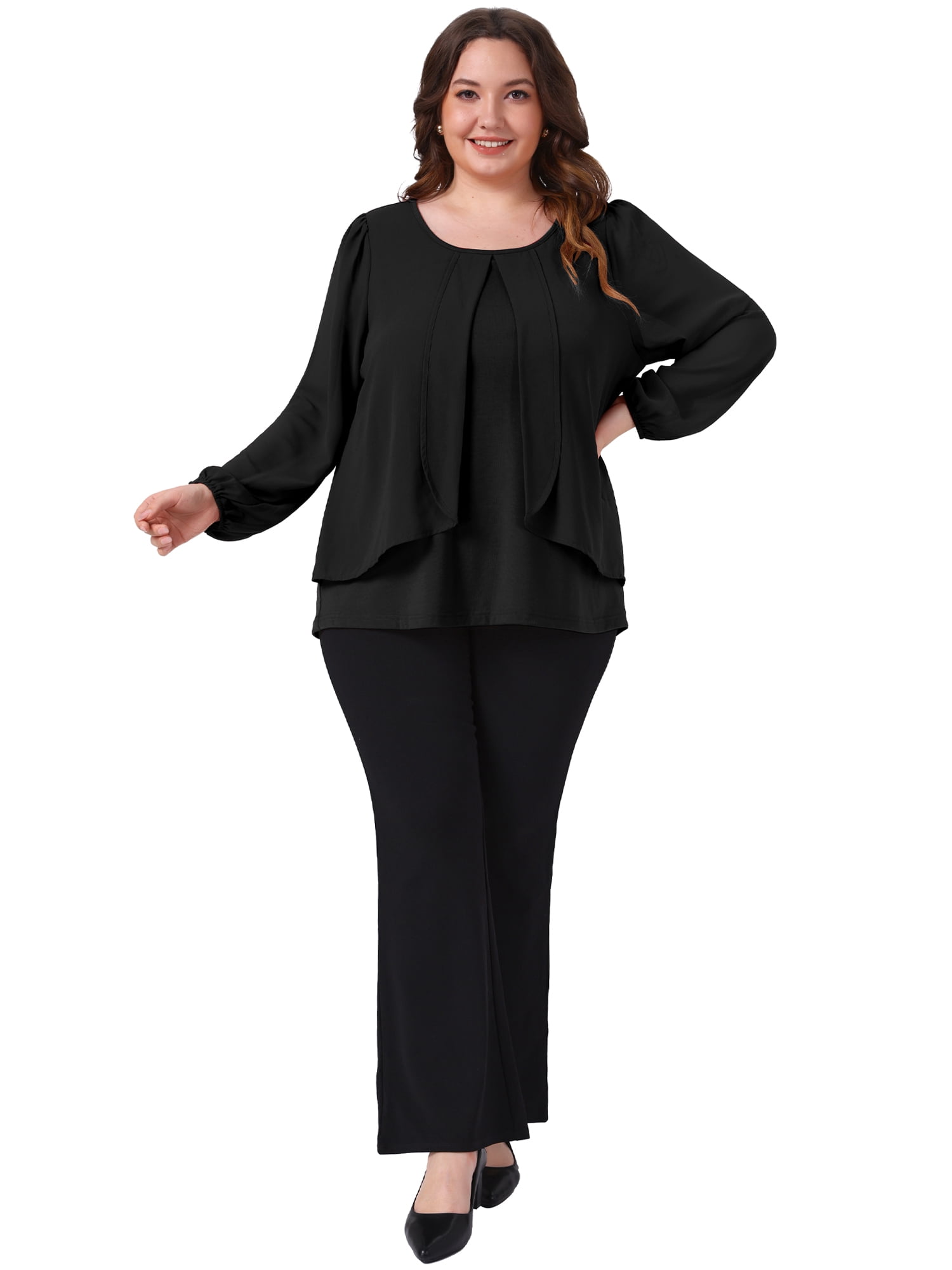 DARING DIVA Women's Plus Long Sleeve Blouse Dressy Work Shirts 1X Black