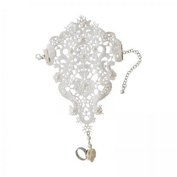 2 Guantes Sin Dedos, Guantes Cortos de Encaje Floral, Conjunto de Anillo Y Pulsera Nupcial, Manopla Bordada de Encaje Gótico Elegante para Graduación 2 piezas