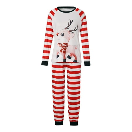 

Pudcoco Parent Child Pajamas Set Christmas Round Neck Tops Stripe Long Pants