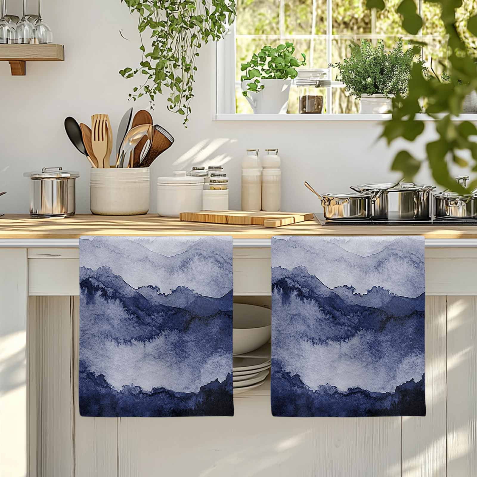 Dish Towels, Navy Blue Mountain Absorbent Kitchen Towels 2 PCS, Ombre Abstract Natural Microfiber Hand Towels Dish Cloths Tea Towels for Home&nbsp;Bathroom Cleaning Drying,18X28-Inch,