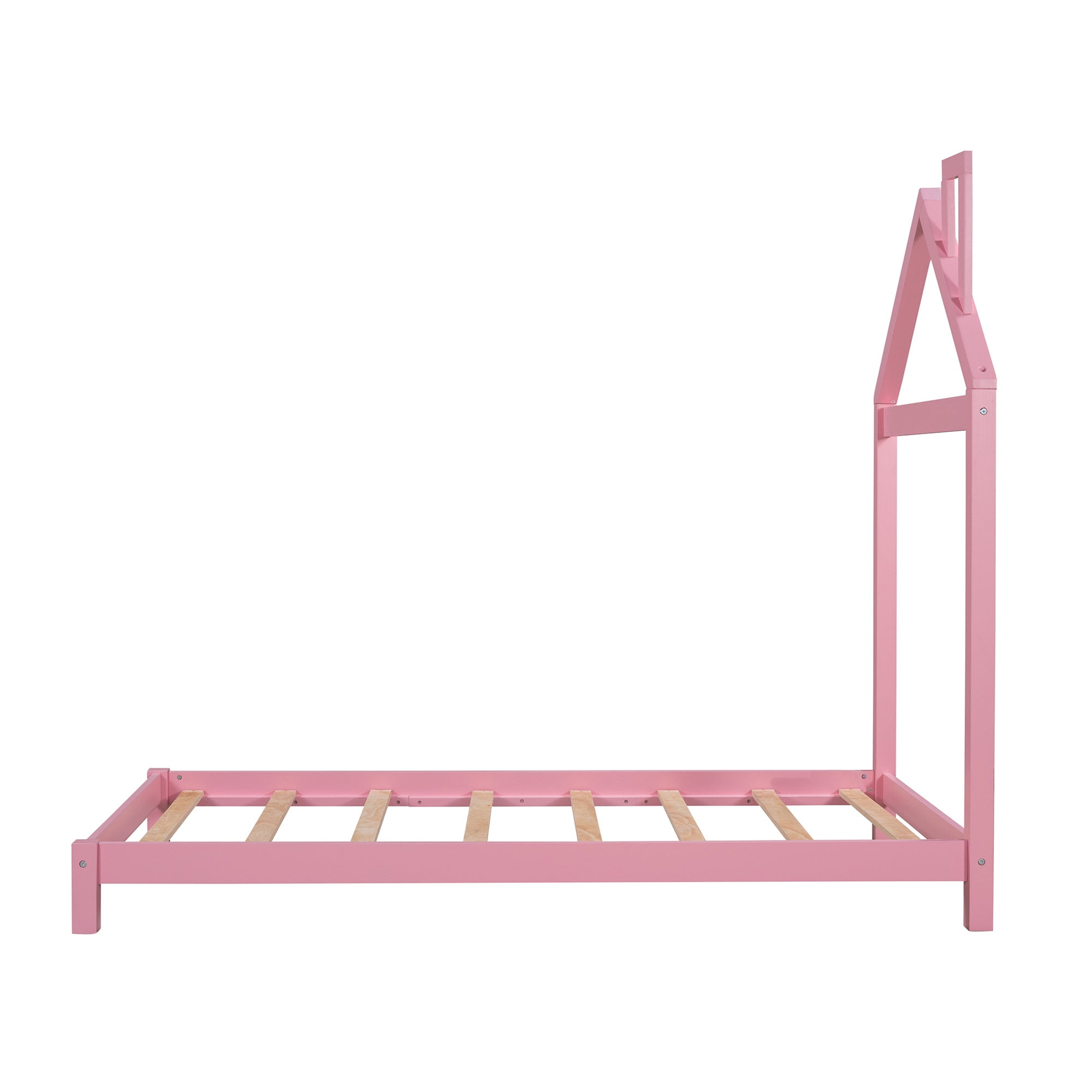 Bellemave Twin Size Kids Bed Frame with House-Shaped Headboard, Solid Wood Toddler Platform Bed with Slats for Girls Boys, No Box Spring Needed (Pink)
