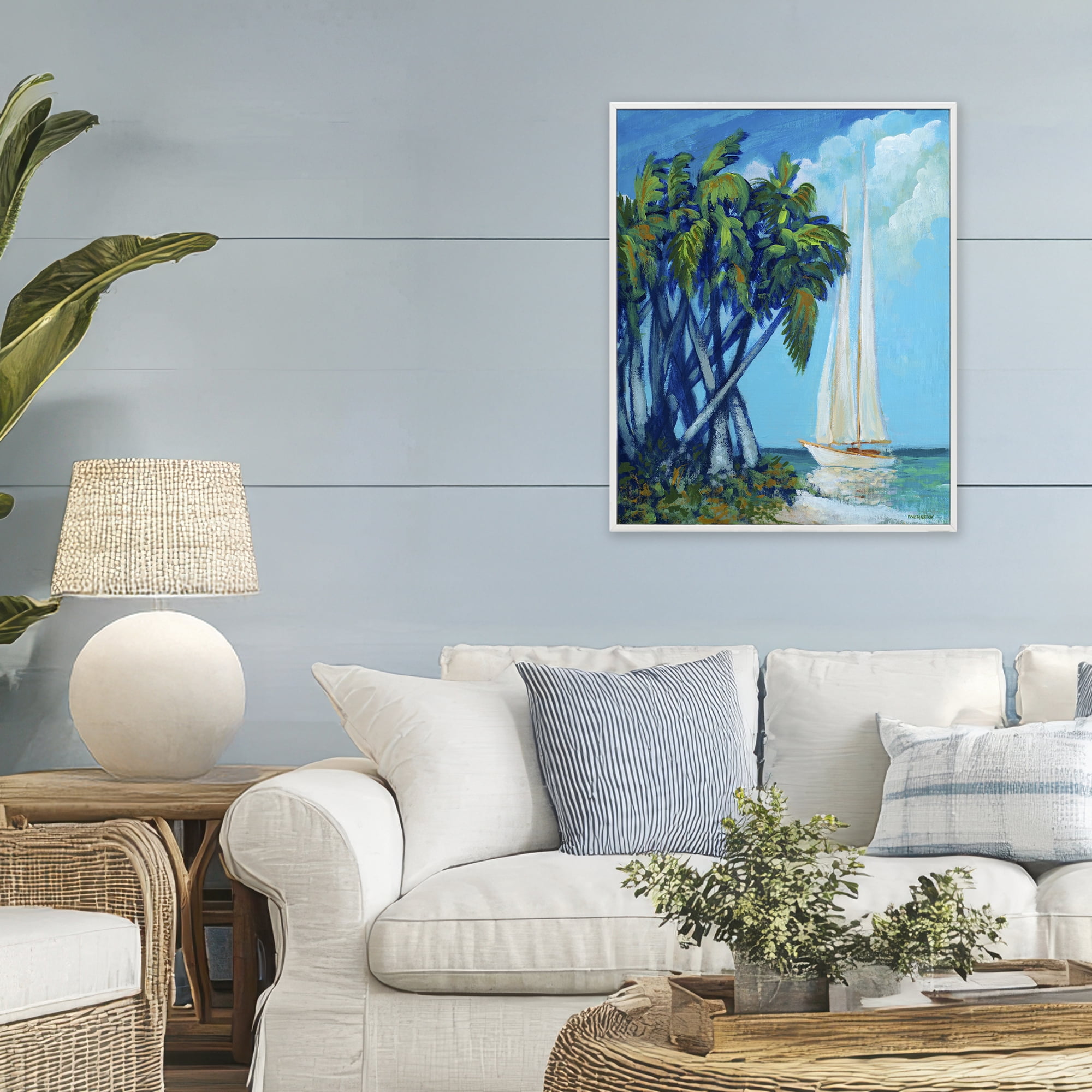 Stupell Industries Sailboat & Twisted Palms White Framed Giclee Art, design by Dan Meneely