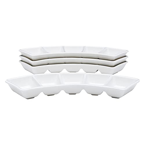 Vikko Divided Serving Tray, 5 Section Porcelain Circular Serving Party Platter, Pack of 4, 10 Inch Small White Serving Dish for Entertaining, Condiments, Candies, Charcuterie, Snack