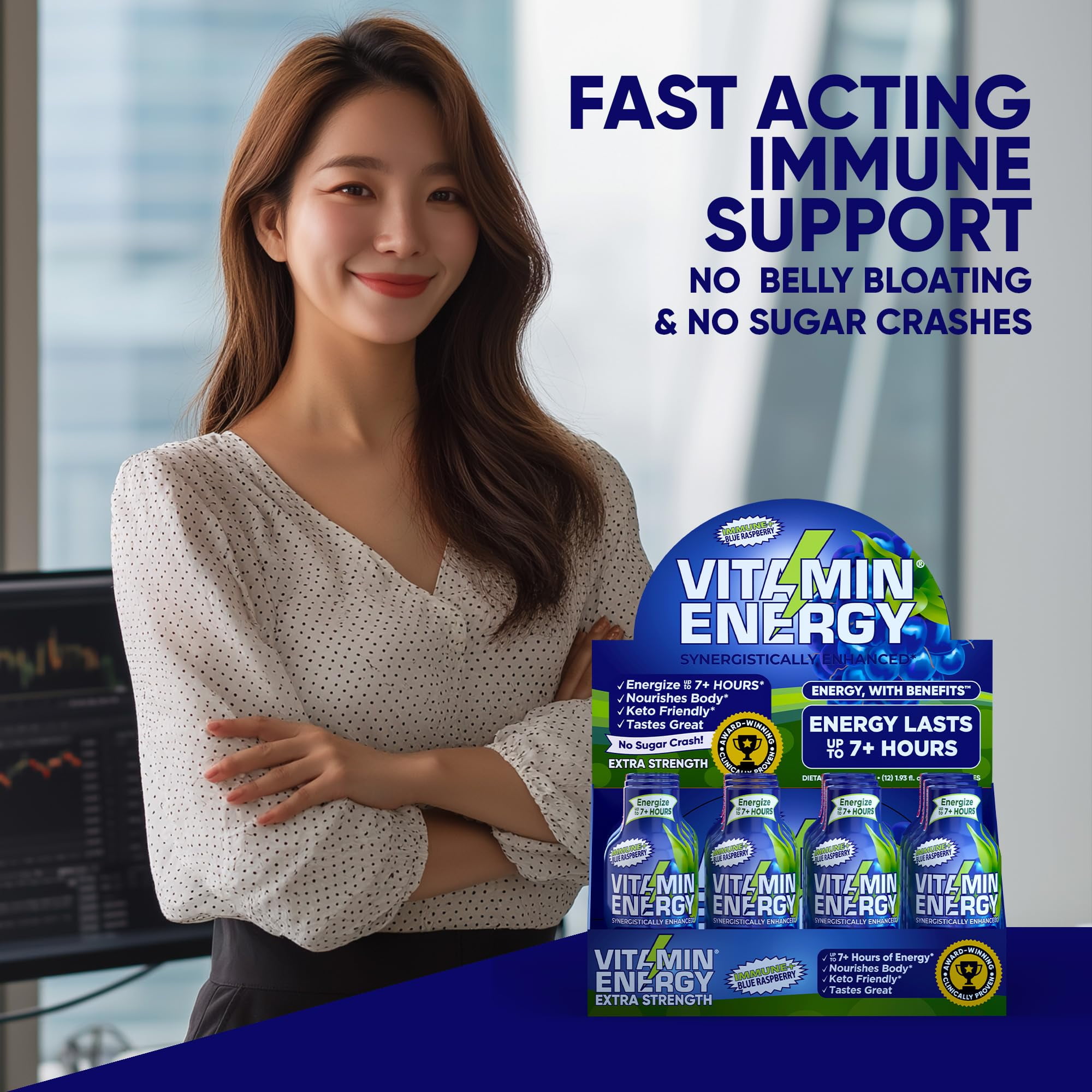 Vitamin Energy Immune+ Extra Strength Shot, Blue Raspberry, 12 Pack – 260mg Natural Caffeine, B-Vitamins & Citicoline, Zero Sugar, 1.93 fl oz