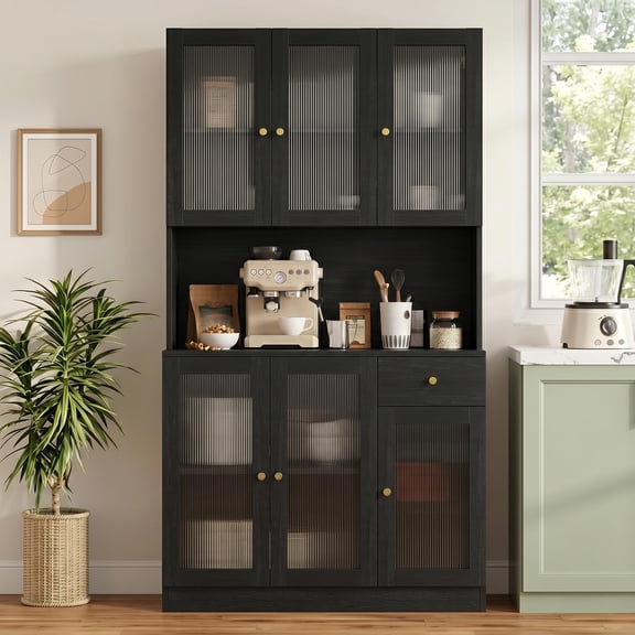 Black B Fluted Glass Door Hutch Cabinet With Drawer And Open Shelf For Coffee Bar