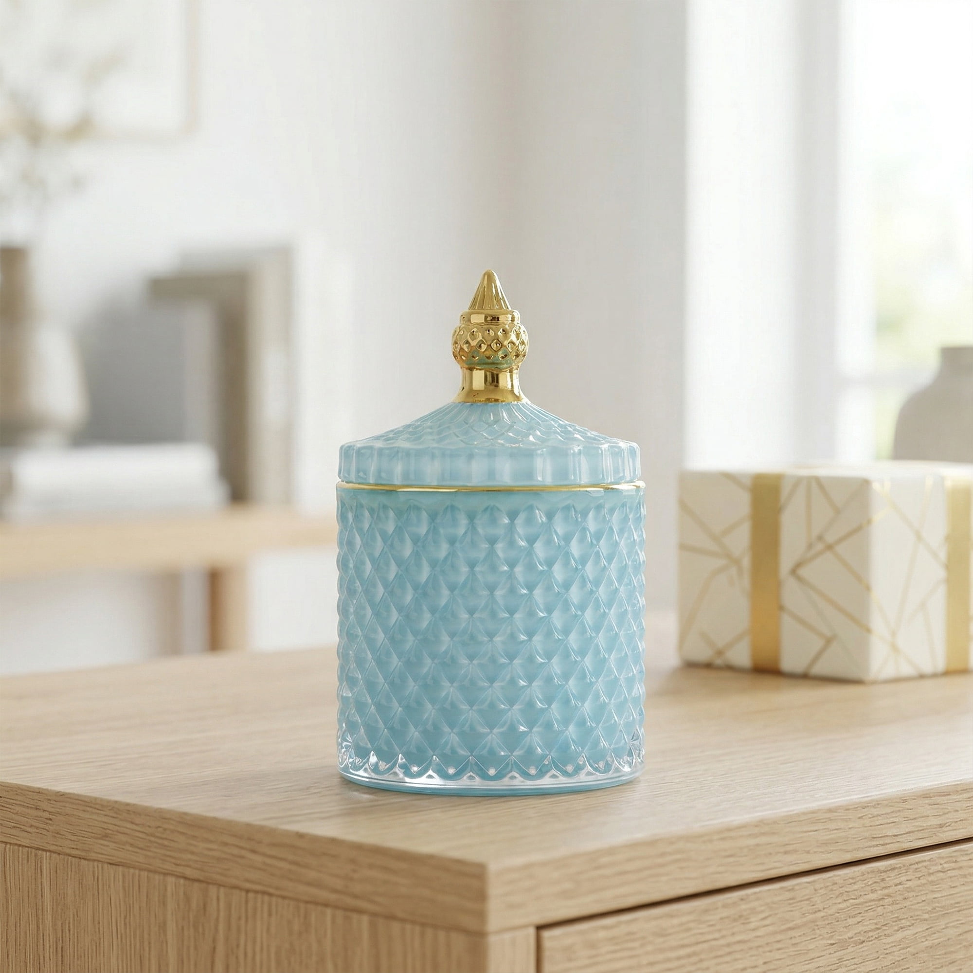 Unique Bargains Vintage Embossed Glass Canister Jar with Lid Blue Green 3.3" x 3.3" x 5.5"