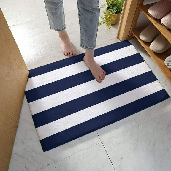 Bathroom Rug, Nautical Stripes Navy Blue White Bath Mat Non-Slip Water Absorbent Microfiber Soft Plush Shaggy Bath Rugs for Shower, Bedroom, Bathtubs 16" x 24"