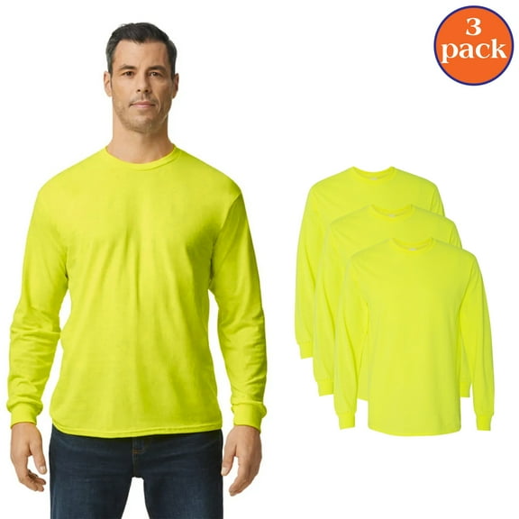 Gildan High Visibility Safety Long Sleeve Tee, Hi Vis Safety Green T-shirt for Men, Pack 3, L
