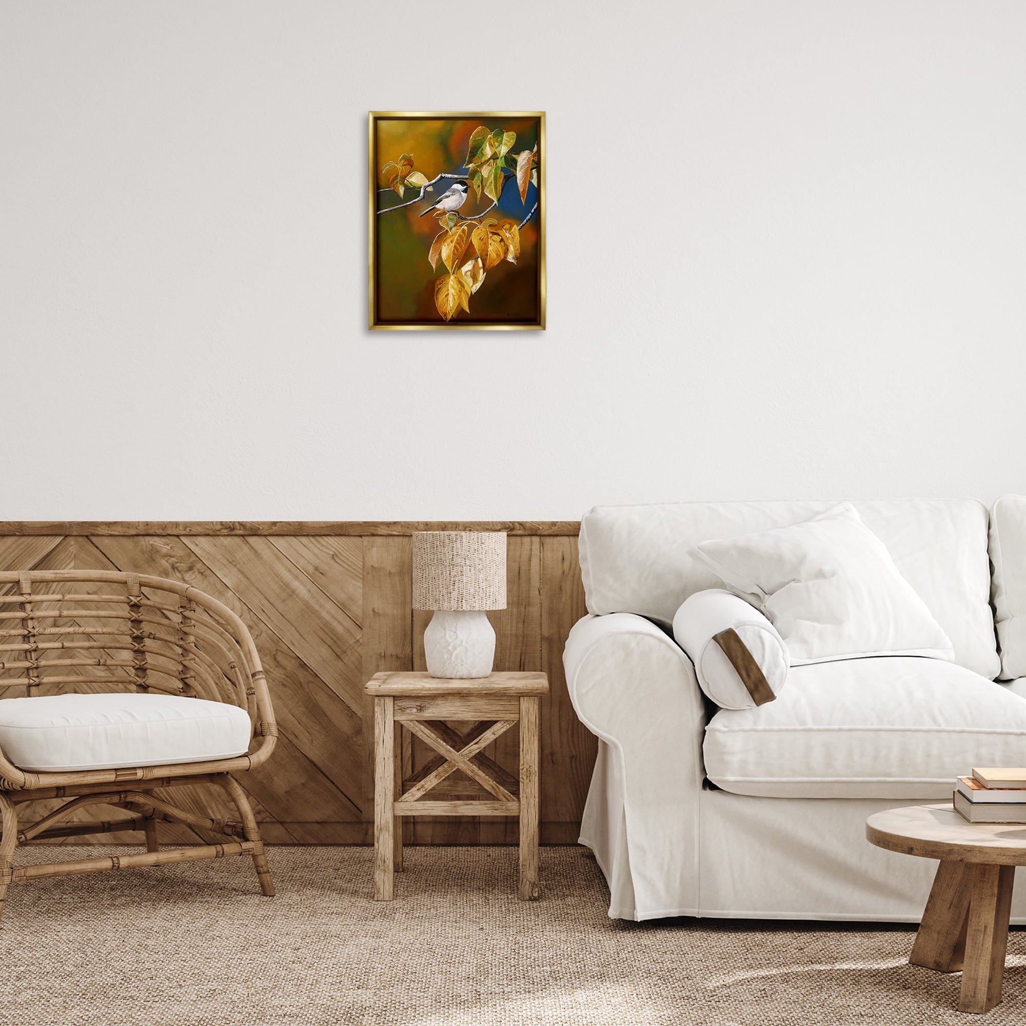 Stupell Industries Chickadee on Branch Animals Painting Gold Floater Framed Canvas Art Print Wall Art, 17 x 21