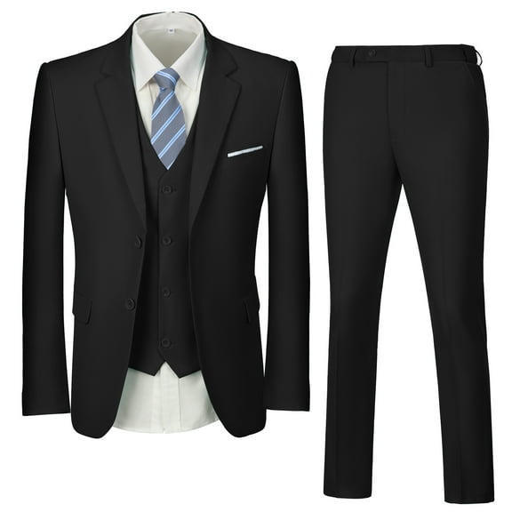 Wehilion Men’s Suit Slim Fit 3 Piece Suit Prom Suits Set Wedding Party Collared Long Sleeve Jacket Vest Pants for Groomsmen Black XS